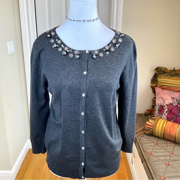 Cable & Gauge Sweater Cardigan Beaded Scoop Neck Cropped Sleeves in Gray (M) - Picture 1 of 7